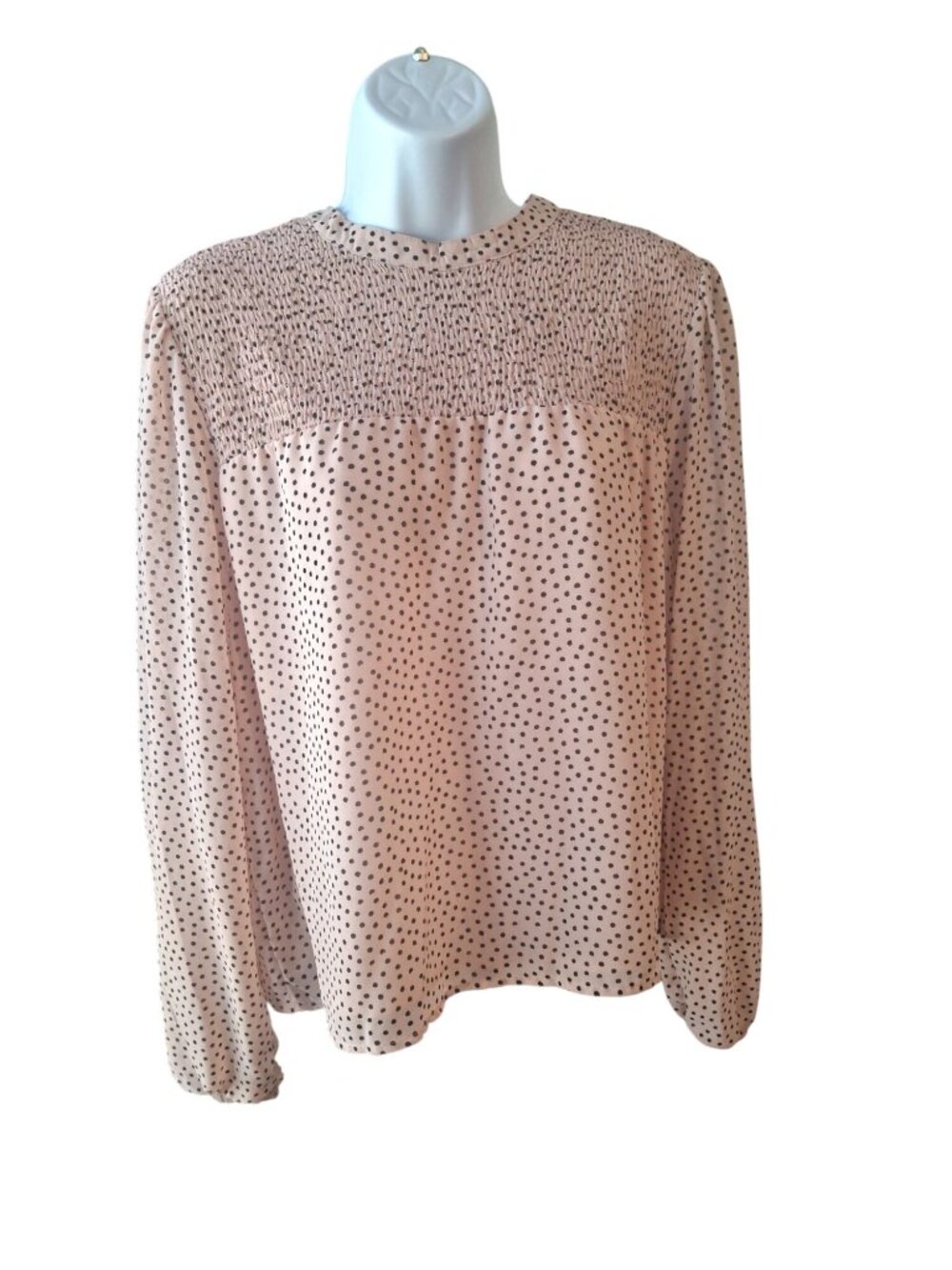 Jolt Womens Blouse L Pink Black Polka Dot Smocked Long Sleeve Romantic Boho